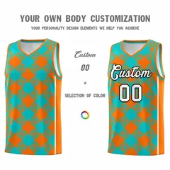 Aqua Orange-White Grid Basketball Kits For Team 3