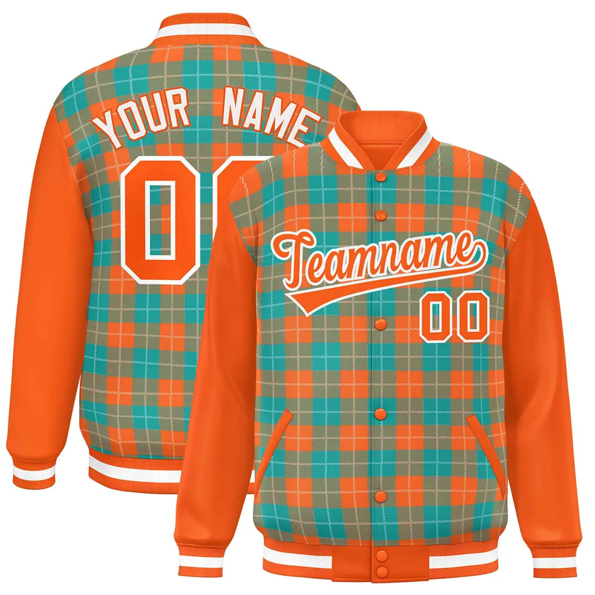 Aqua Orange-White Plaid Varsity Full-Snap Letterman Baseball Jacket