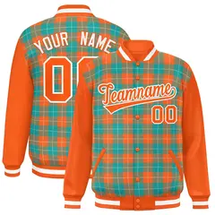 Aqua Orange-White Plaid Varsity Full-Snap Letterman Baseball Jacket