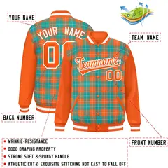 Aqua Orange-White Plaid Varsity Full-Snap Letterman Baseball Jacket 2
