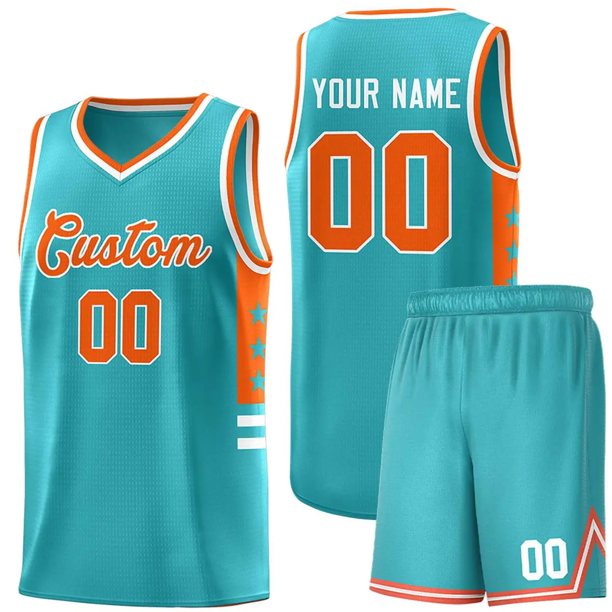 Aqua Orange-White Star Pattern Basketball Jersey