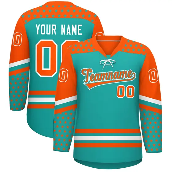 Aqua Orange White Star Series Lace-Up Neck Hockey Jersey