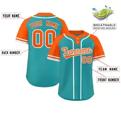 Aqua Orange-White Stripe Raglan Two-Button Softball Jersey 2