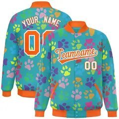 Aqua Orange-White Varsity Paw Prints Graffiti Letterman Jacket