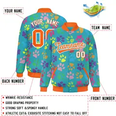 Aqua Orange-White Varsity Paw Prints Graffiti Letterman Jacket 2