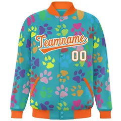 Aqua Orange-White Varsity Paw Prints Graffiti Letterman Jacket 3