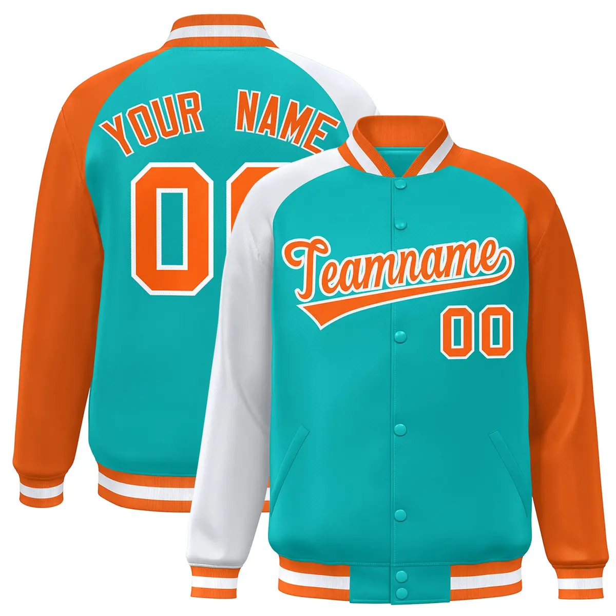 Aqua Orange-White Varsity Raglan Letterman Bomber Jacket