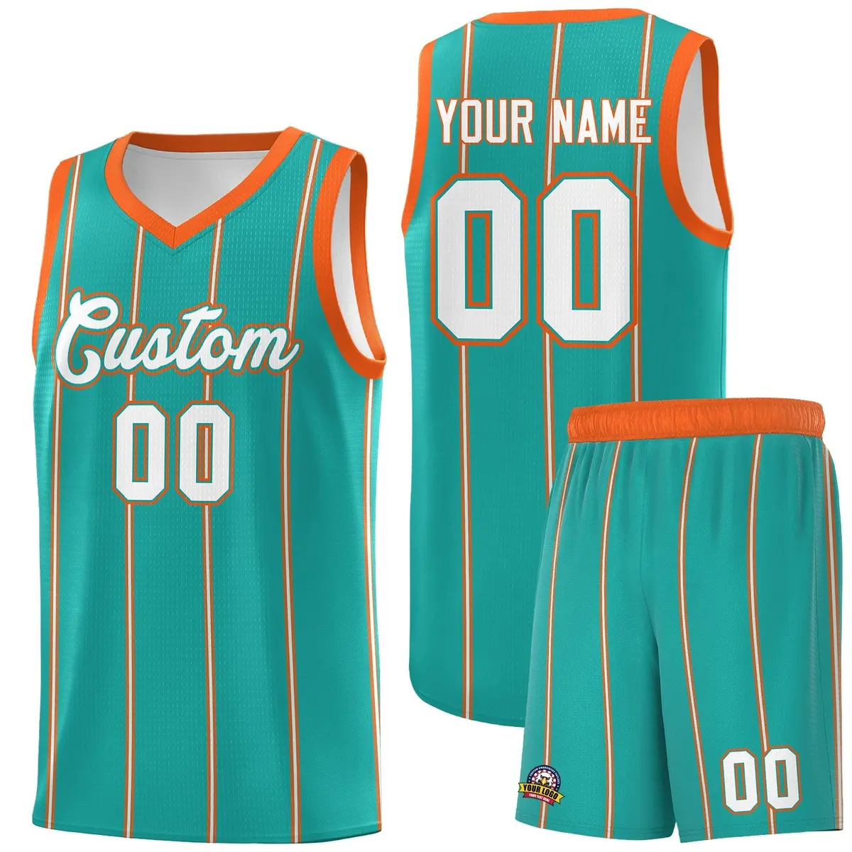 Aqua Orange White Vertical Stripes Basketball Jersey Set