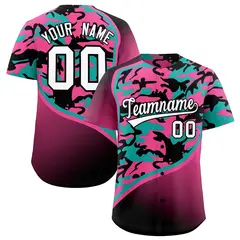 Aqua Pink Black Camo Gradient Fashion Baseball Jersey 1