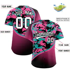 Aqua Pink Black Camo Gradient Fashion Baseball Jersey 2