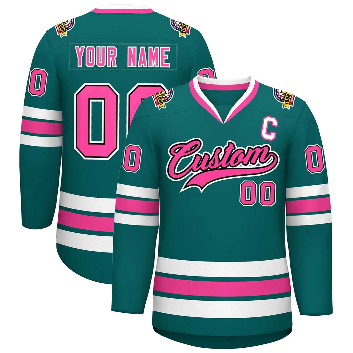 Aqua Pink Black-White Classic Hockey Jersey