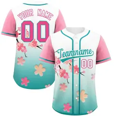 Aqua Pink Cherry Blossom Graffiti Baseball Jersey 1
