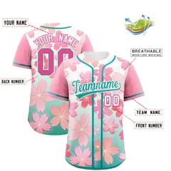 Aqua Pink Cherry Blossom Graffiti Baseball Jersey 2