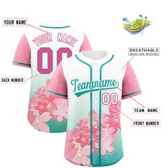 Aqua Pink Cherry Blossom Graffiti Baseball Jersey 2