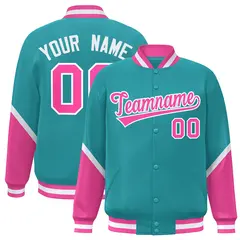 Aqua Pink Color Block Full-Snap Varsity Letterman Baseball Jacket