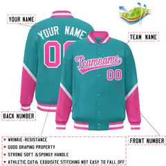 Aqua Pink Color Block Full-Snap Varsity Letterman Baseball Jacket 2