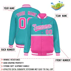 Aqua Pink Color Block Varsity Full-Snap Letterman Jacket 2