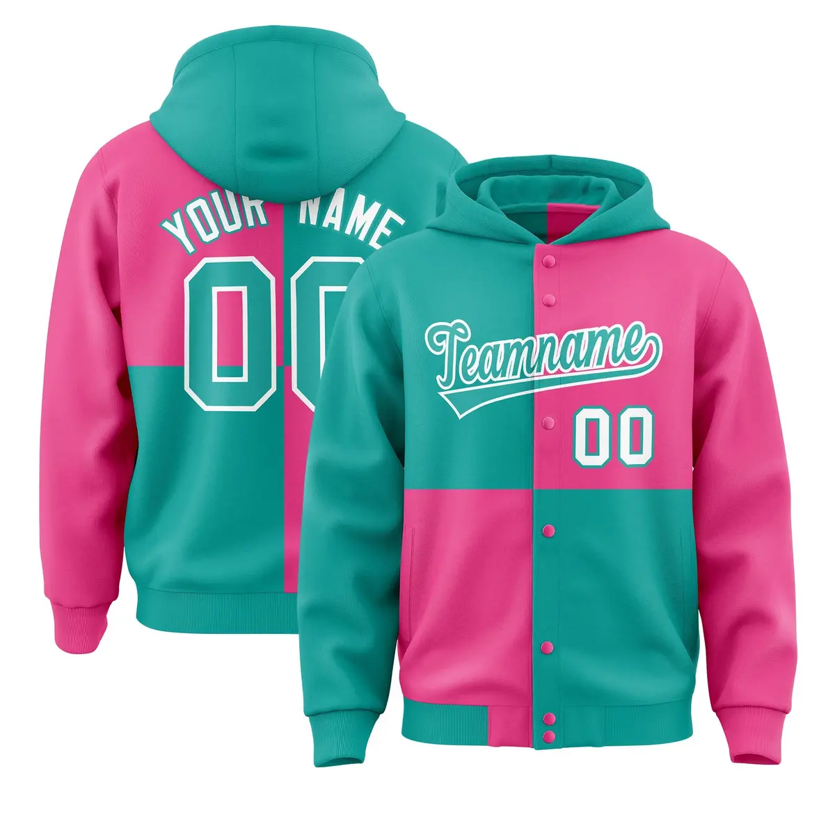 Aqua Pink Color Block Varsity Letterman Jacket Hoodie