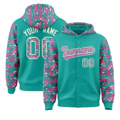 Aqua Pink-Cream Raglan Camo Varsity Full-Snap Letterman Jacket 1