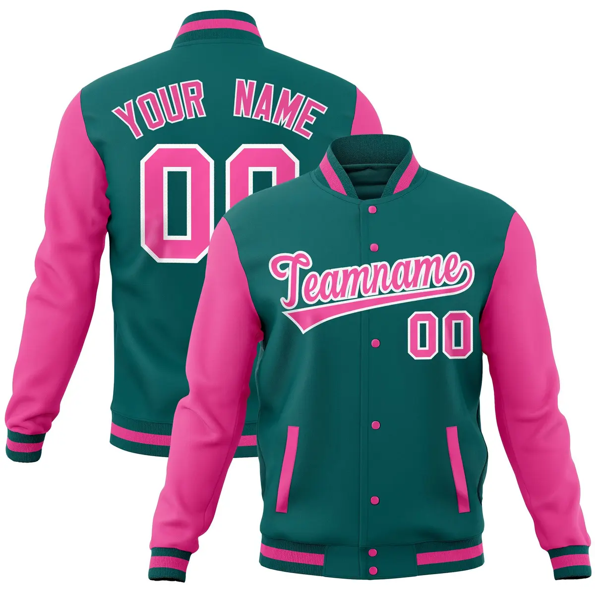 Aqua Pink Full-Snap Raglan Varsity Letterman Baseball Jacket