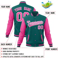 Aqua Pink Full-Snap Raglan Varsity Letterman Baseball Jacket 4