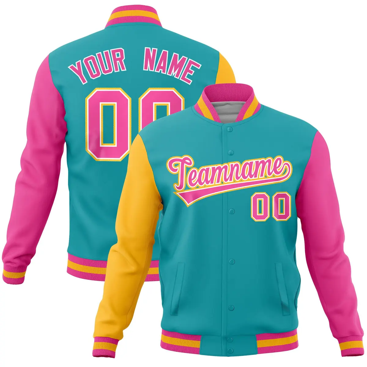 Aqua Pink-Gold Raglan Sleeves Varsity Full-Snap Letterman Jacket