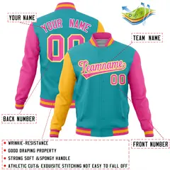 Aqua Pink-Gold Raglan Sleeves Varsity Full-Snap Letterman Jacket 4