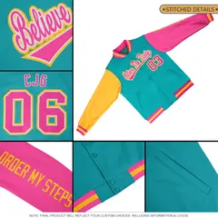Aqua Pink-Gold Raglan Sleeves Varsity Full-Snap Letterman Jacket 7