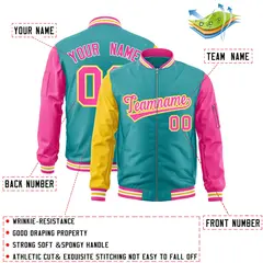 Aqua Pink-Gold Raglan Varsity Full-Zip Letterman Bomber Jacket 2