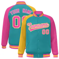 Aqua Pink-Gold Varsity Raglan Letterman Bomber Jacket