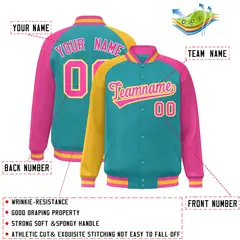 Aqua Pink-Gold Varsity Raglan Letterman Bomber Jacket 2