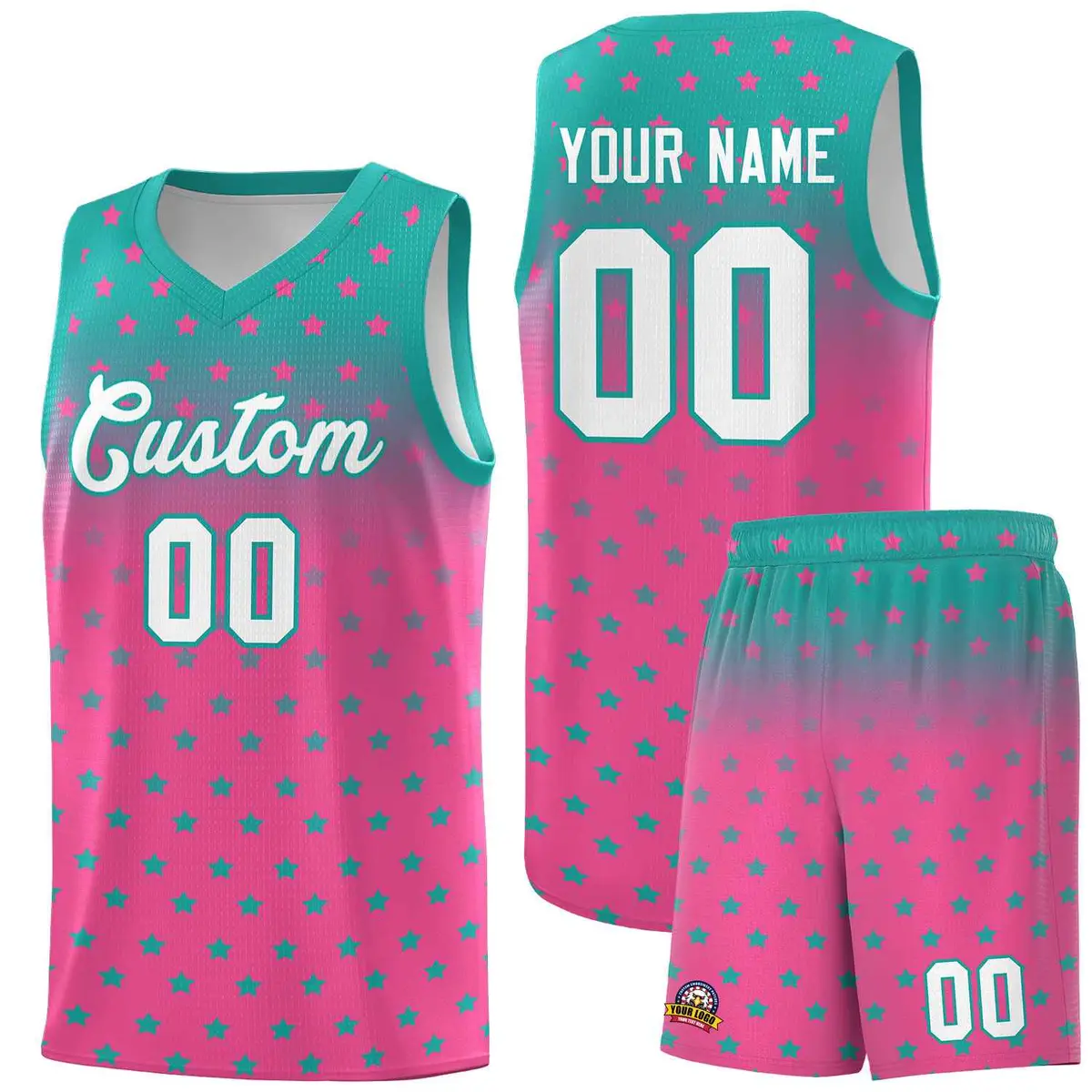 Aqua Pink Gradient Star Pattern Basketball Jersey Sets