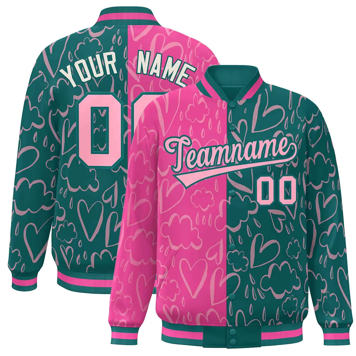 Aqua Pink Graffiti Pattern Split Letterman Bomber Baseball Jacket