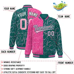 Aqua Pink Graffiti Pattern Split Letterman Bomber Baseball Jacket 2