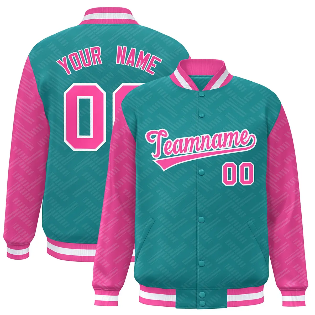 Aqua Pink L Pattern Raglan Sleeves Full-Snap Varsity Letterman Jacket