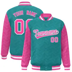 Aqua Pink L Pattern Raglan Sleeves Full-Snap Varsity Letterman Jacket