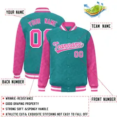 Aqua Pink L Pattern Raglan Sleeves Full-Snap Varsity Letterman Jacket 2