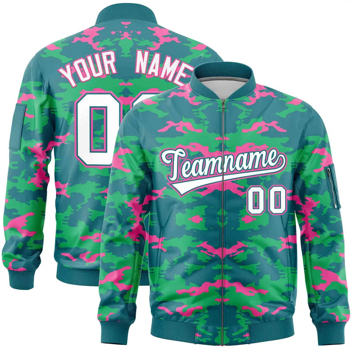 Aqua Pink-Light Green Camo Full-Zip Letterman Bomber Jacket