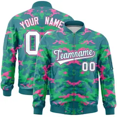 Aqua Pink-Light Green Camo Full-Zip Letterman Bomber Jacket