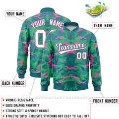 Aqua Pink-Light Green Camo Full-Zip Letterman Bomber Jacket 2