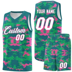 Aqua Pink-Light Green Camo Team Basketball Jersey