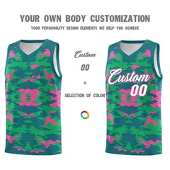 Aqua Pink-Light Green Camo Team Basketball Jersey 3