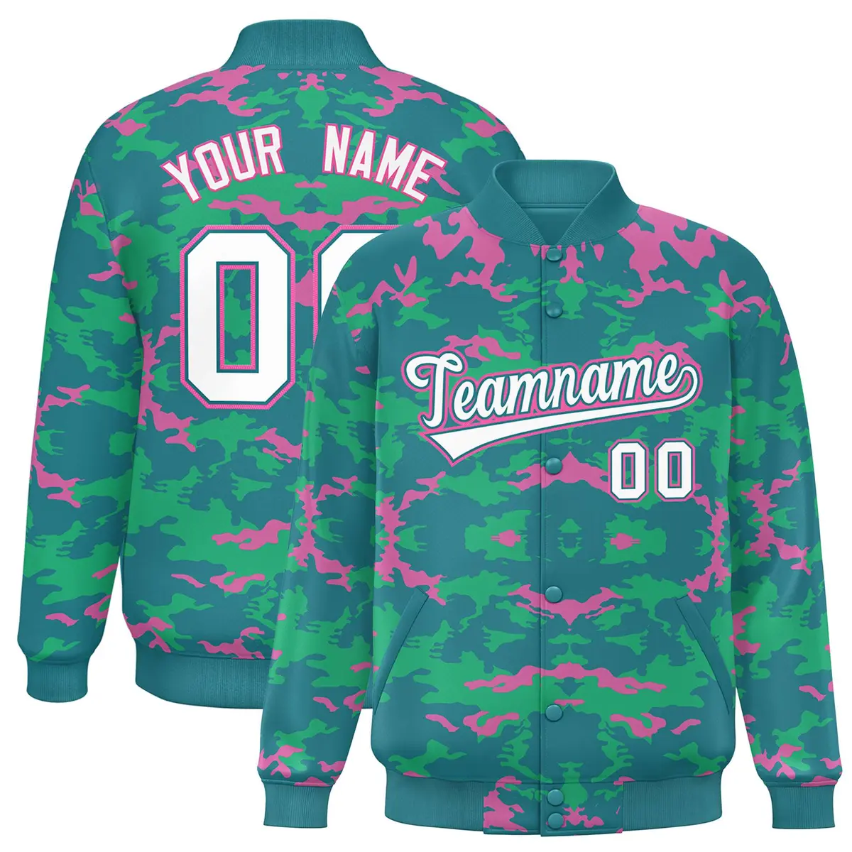 Aqua Pink-Light Green Camo Varsity Letterman Jacket