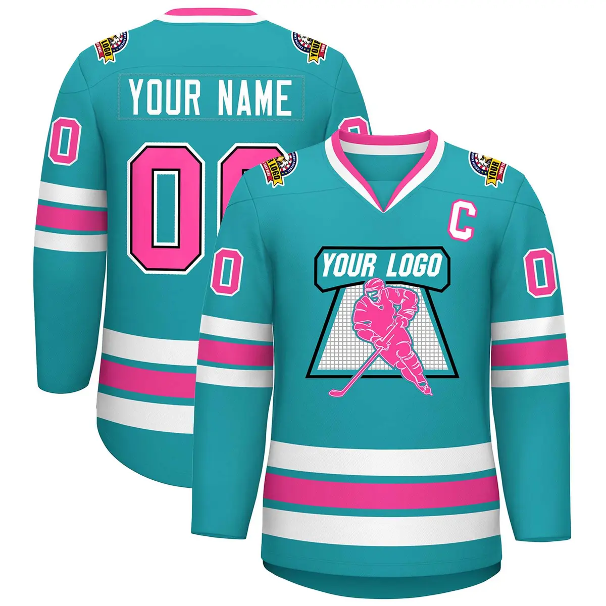 Aqua Pink Navy-White Classic Style Hockey Jersey