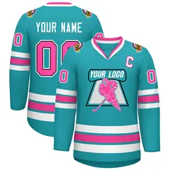 Aqua Pink Navy-White Classic Style Hockey Jersey