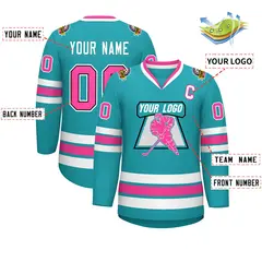 Aqua Pink Navy-White Classic Style Hockey Jersey 2