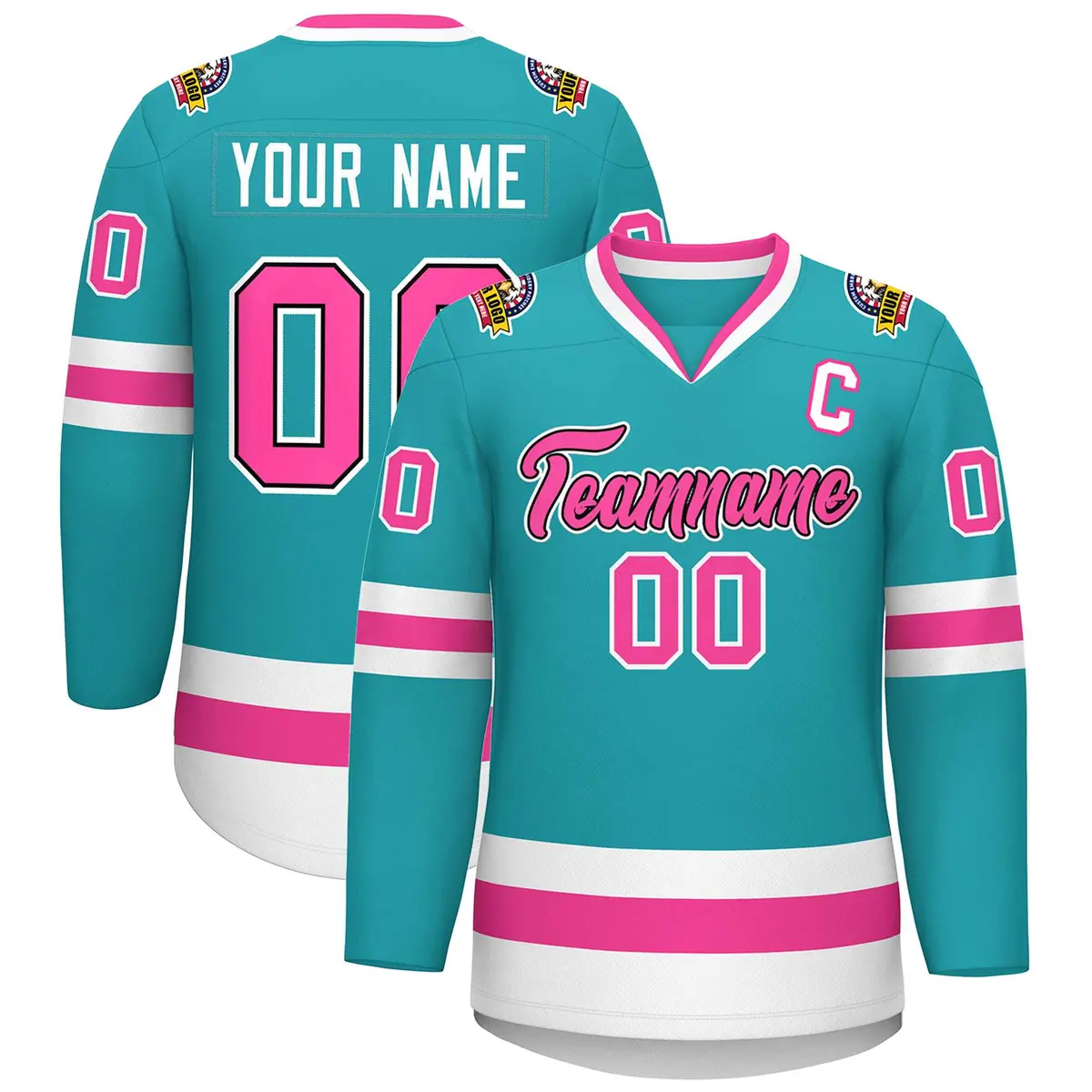 Aqua Pink Navy-White Classic Style Hockey Jersey