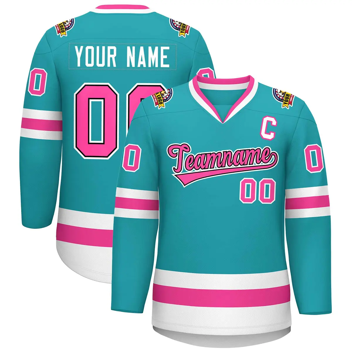 Aqua Pink Navy-White Classic Style Hockey Jersey