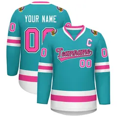 Aqua Pink Navy-White Classic Style Hockey Jersey 1