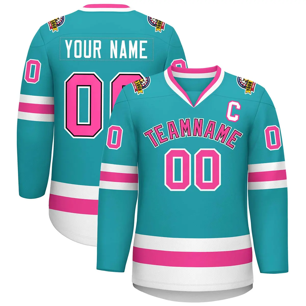 Aqua Pink Navy-White Classic Style Hockey Jersey